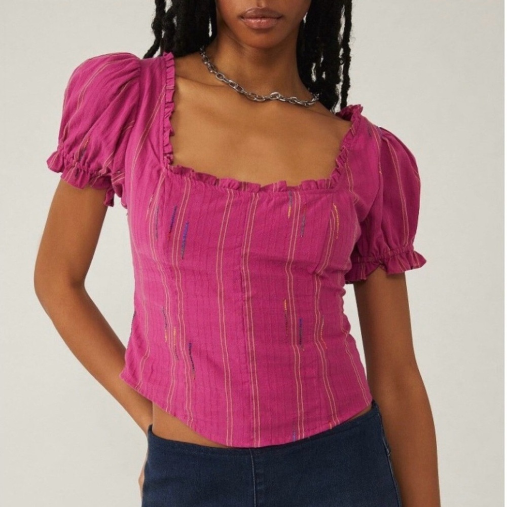 Free People Serotonin Linen Blend Puff Sleeve Embroidered Crop Top Medium